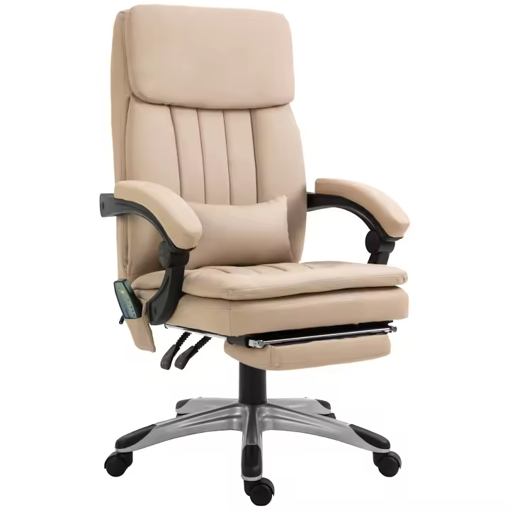 Vinsetto Silla de oficina con masaje Vinsetto Silla de oficina ergonómica Altura ajustable Respaldo reclinable Reposapiés Cojín lumbar Control remoto integrado Funda sintética beige - 1