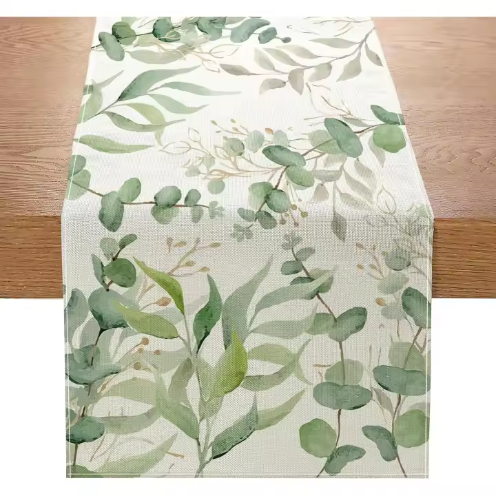 Camino de mesa de verano con hojas de eucalipto, mantel de algodón y lino de color verde salvia, 33 x 183 cm - 1