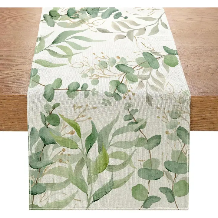Camino de Mesa de Verano con Hojas de eucalipto, Mantel de Algodón y Lino de Salvia Verde, 33x183 cm - 1