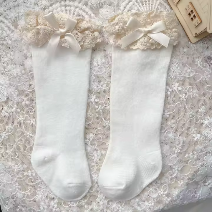 Calcetines Altos Para Bebés Niñas Otoño Invierno Con Encaje Y Volante Algodón Princesa Navidad Para 0-5 Años Talla True Fit - 1