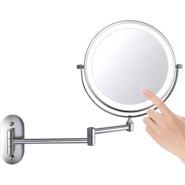 Espejos de maquillaje LED de doble cara de 8 pulgadas, espejo de aumento montado en la pared, giratorio de 360°, superficie cromada, extensible, alimentado por 4 pilas AAA (no incluidas) (plata) - 1