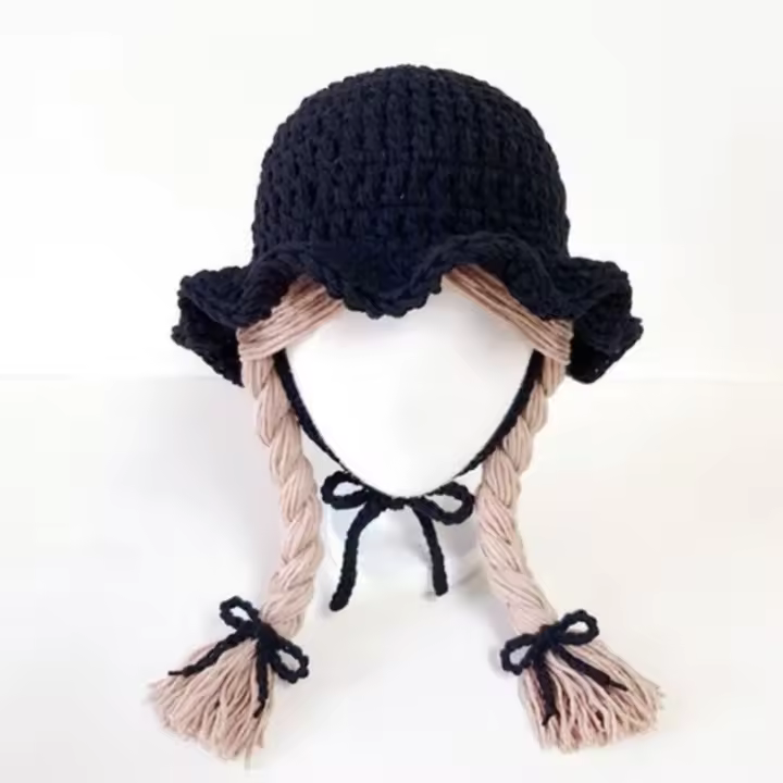 Gorro De Pescador Para Bebés Niñas Con Trenza Y Peluca Chaqueta De Punto Tejida Caliente Para Invierno Estilo Floral - 1