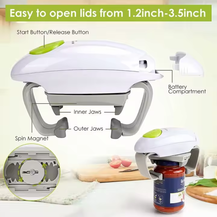 Abridor de tarros eléctrico, utensilio de cocina resistente para tarros sellados, automático y manos libres, color blanco - 1