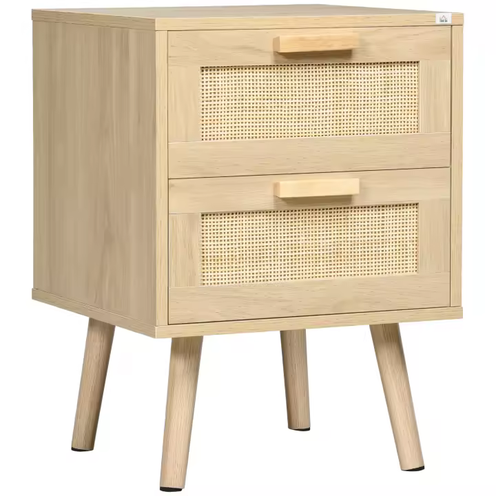 HOMCOM Mesita de Noche de Diseño Boho Mesilla de Noche con 2 Cajones y Patas de Madera para Salón Dormitorio 40x40x56 cm Natural - 1