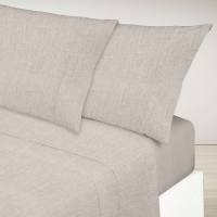 Manterol - Juego de sábanas lisas efecto lavado, calidad 100% Algodón, incluye bajera ajustable, encimera y fundas de almohada, tejido de calidad transpirable y duradero, colores beige, azul y gris. - details 1