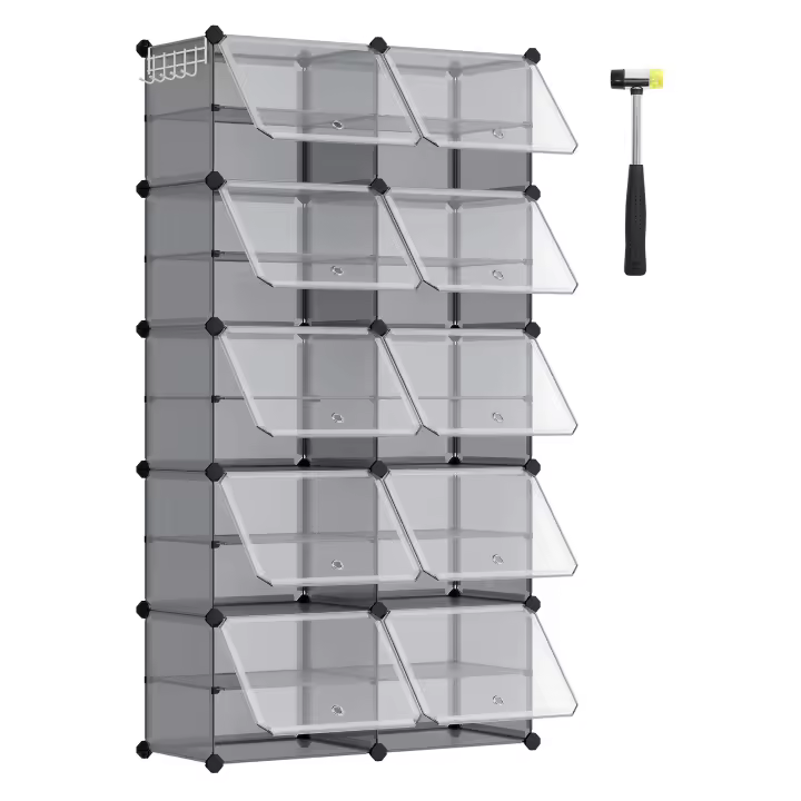 SONGMICS Mueble Zapatero Plástico, 10 Compartimentos, Zapatero Modular, Estantería Modular de Plástico, 30 x 40 x 30 cm Cada Cubo, con Puerta, Marco Acero, Panele Plástico, Blanco/Negro/Gris Pizarra y Transparente/Blanco Nube - 1