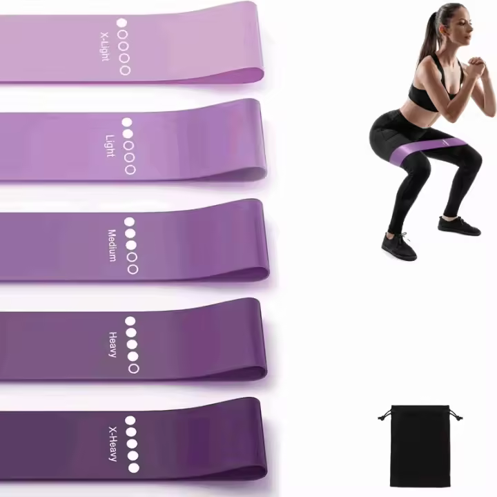 IMAXWAVE Set de 5 Bandas Elásticas de Resistencia para Musculación y Fitness con Bolsa de Almacenamiento - Bandas de Ejercicio para Entrenamiento, Estiramientos, Piernas, Glúteos - Moradas - 1
