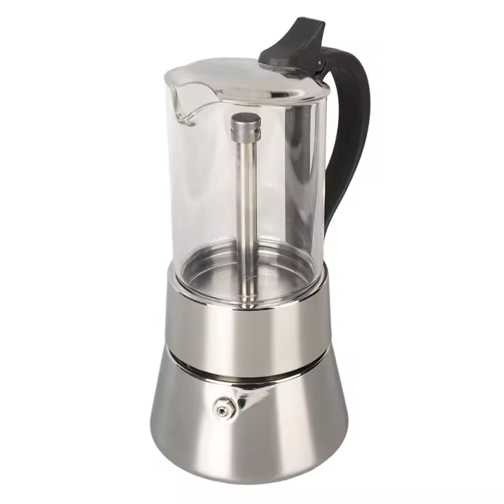 Moka Pot Clásico Italiano De Acero Inoxidable Con Cristal Superior Para 4 Tazas Café Expresso De Pared Con Boquilla Inferior - 1
