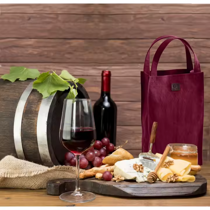 K0017XB | Bolsa de Lona/Cuero Genuino Flor Llena, Doble botellero Florido. Color Burdeos/Cabeza Moro. Capacidad: 2 botellas. Tamaño: CM 22x37x10. Paquete: Polybag Kaili Mood - 1