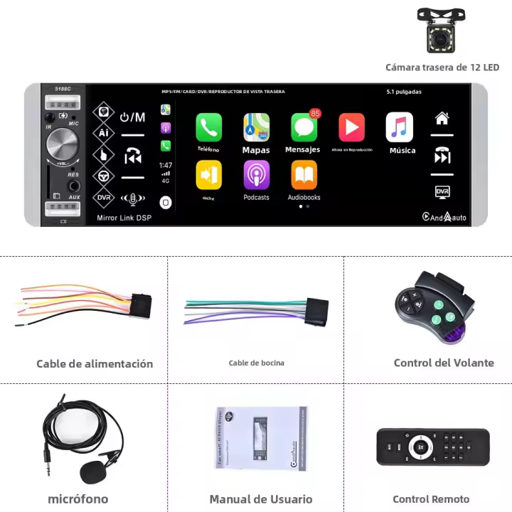 Podofo Reproductor Multimedia Para Coche 1 Din CarPlay MP5 Android Auto Stereo Bluetooth FM RDS Con AI Voice Control 5.1'' Pantalla - 1