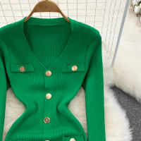 Vestido Midi De Punto REALEFT Para Mujer Con Cuello En V Manga Larga Y Falda Frontal Solta Estilo Casual Color Sólido Otoño Invierno - details 4
