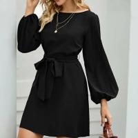 Vestido De Mujer Talla Grande De Chiffon Color Sólido Moda 2021 Manga Farol Suéter Cinturón A-Línea Cuello Redondo Largo Hasta La Rodilla - details 8