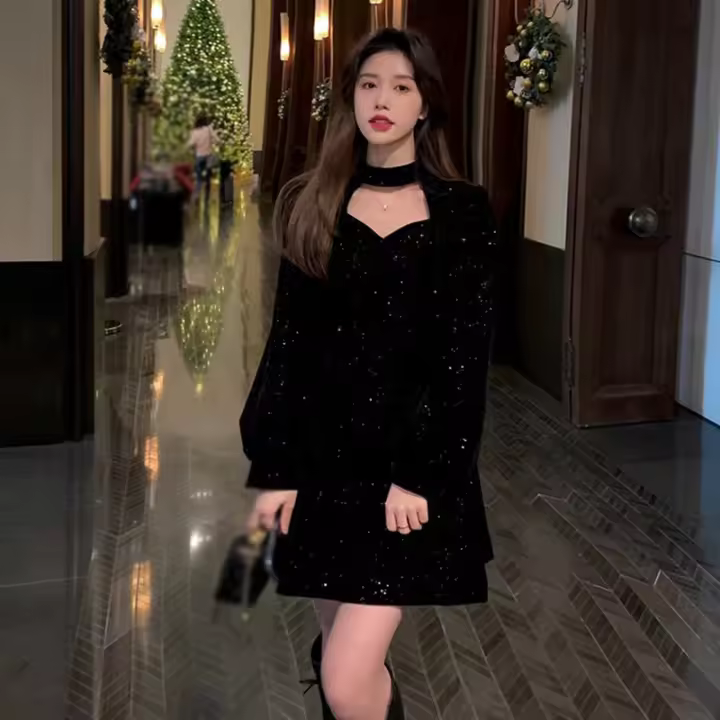 Vestido De Veludo Elegante Para Mujer Primavera Otoño Con Cuello V Y A-Line Slimming Vestido De Fiesta Con Luces Sequinias Manga Larga Cintura Natural - 1