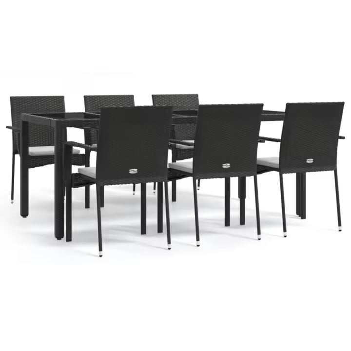 vidaXL Set de comedor de jardín 7 pzas y cojines ratán sintético negro - 1
