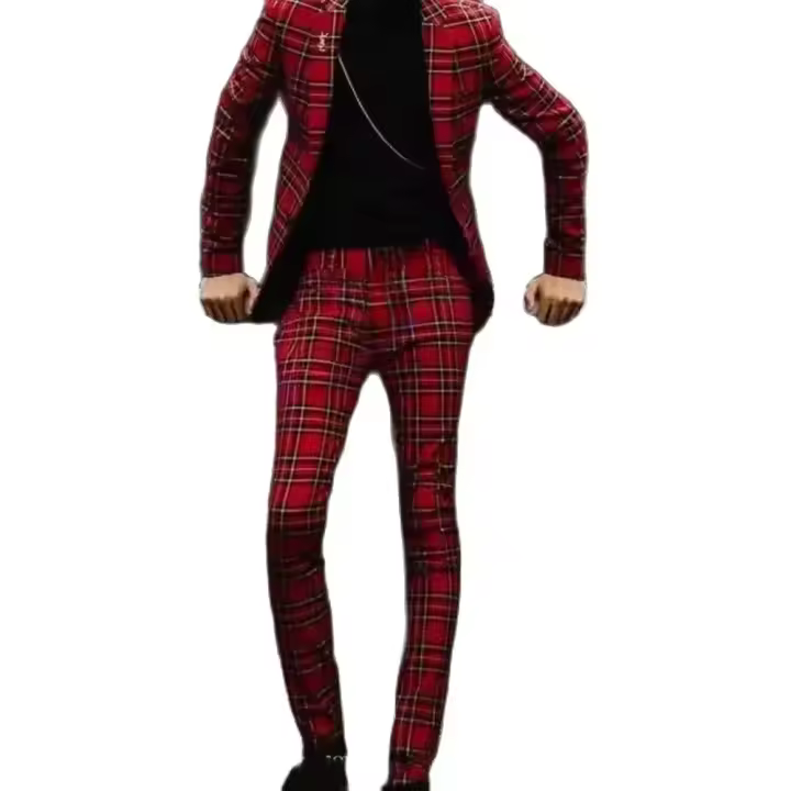 Traje Rojo Rayado Elegante Para Hombre Slim Fit Con Notch Lapel Y Cierre Simple Conjunto De Chaqueta Y Pantalones Para Fiesta De Promoción Y Oficina - 1