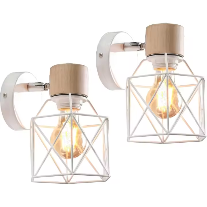 Juego de 2 apliques Industriales, Diseño de jaula de metal, lámpara de pantalla de Madera, decoración ajustable15 cm (Blanco) - 1