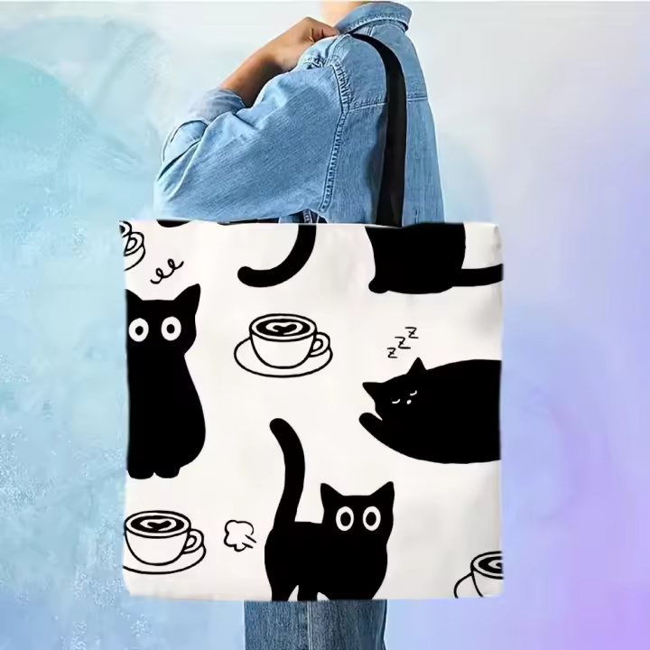 Bolso De Hombro De Lino Grande Y Capacitativo Con Estampado De Gato Kawaii Para Mujer Bolso De Compras Casual Para Viaje Y Playa - 1