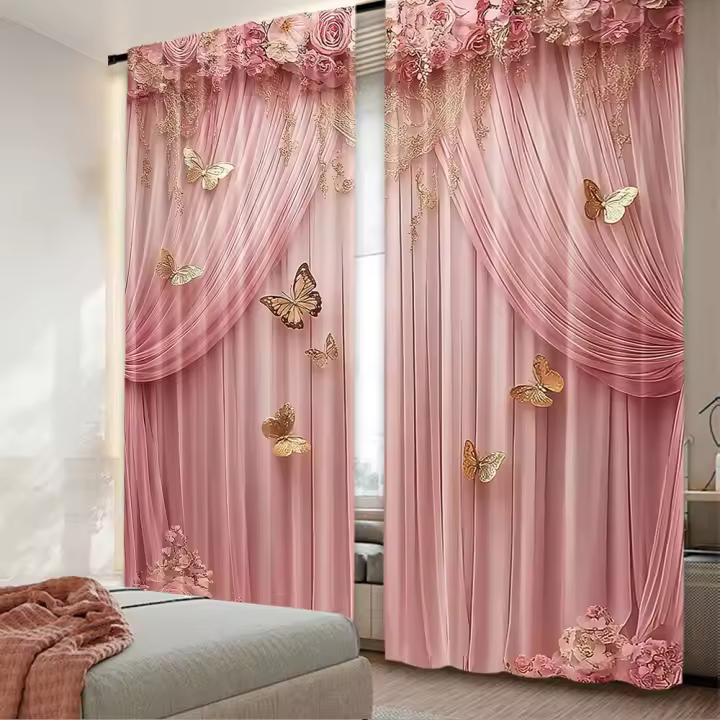 2Pcs Cortinas De Encaje Rosa Con Diseño De Mariposa Dorada Estilo Princesa Para Decoración De Sala De Estar Y Dormitorio - 1