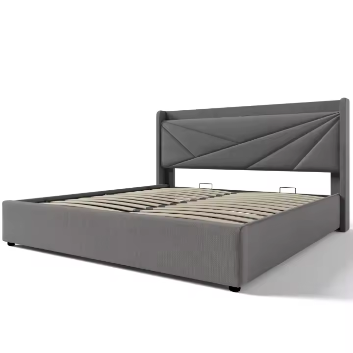 Cama tapizada Cama Doble Almacenamiento Caja de almacenamiento with Carga USB type C Cabecero, Cama de almacenamiento Marco de Cama de Lino Cama Juvenil 160x200 con somier (colchón no incluido) - 1