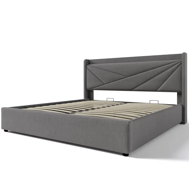 Cama tapizada Cama Doble Almacenamiento Caja de almacenamiento with Carga USB type C Cabecero, Cama de almacenamiento Marco de Cama de Lino Cama Juvenil 160x200 con somier (colchón no incluido) - 1