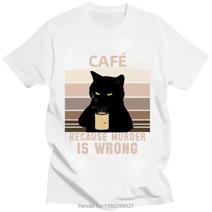 Camiseta De Algodón 100% Para Hombres Y Mujeres Con Diseño Divertido De Gato Bebiendo Café Porqué El Asesinato Está Mal. Estilo Casual De Manga Corta Oversized. - 1