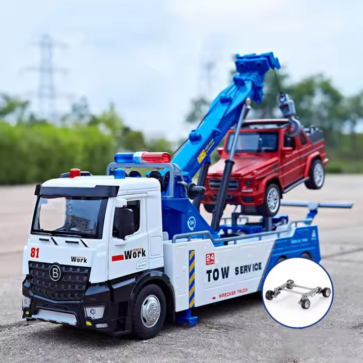Camión Rescate De Escala 1:18 Con Doble Gancho Juguetes De Metal Abre Puertas Sonido Luz Elevador Wrecker Regalo Para Niños - 1