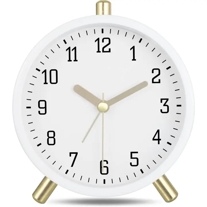 Reloj Despertador Analógico Silencioso, Metal Blanco Leche Classic with Luz Nocturna, Reloj de Mesa Moderno para Mesilla Dormitory 11cm - 1