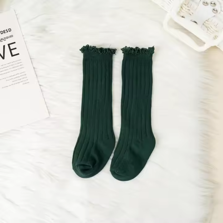 Calcetines Largos Para Niñas Con Volante Y Encaje Florales Suaves De Algodón Uniforme De Princesa Para Niños De 0 a 8 Años En Colores Blanco Rosa Gris Caqui Y Morado - 1