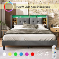 Cama tapizada Cabecero de Cama Doble with Almacén Marco de Cama with USB de carga e iluminación LED Somier de lámparas de Madera, 140*200CM Gris (sin colchón) - details 4