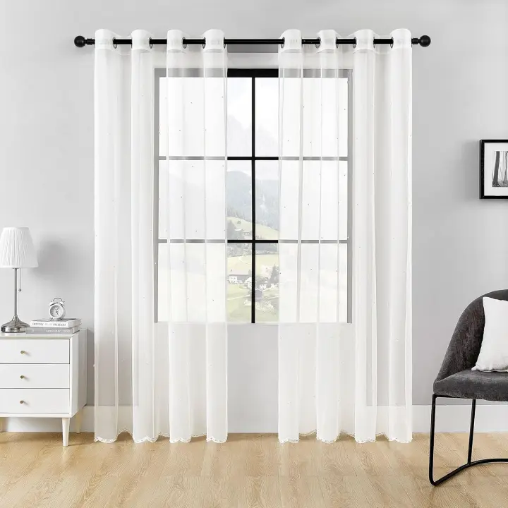 Shoppe house - Cortina translucida 140 x 260 cm, Visillo Transparente blanco con Bordado y Perlas Moderno, Panel con Ojales, Tacto sueva, Tejido Similar a Gasa Fina - 1