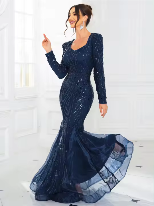 Vestido De Noche Formal Romagic Con Mangas Largas Cuello En V A-Line Translúcido Para Mujer Fiesta De Premiación Invierno Longitud Del Piso - 1