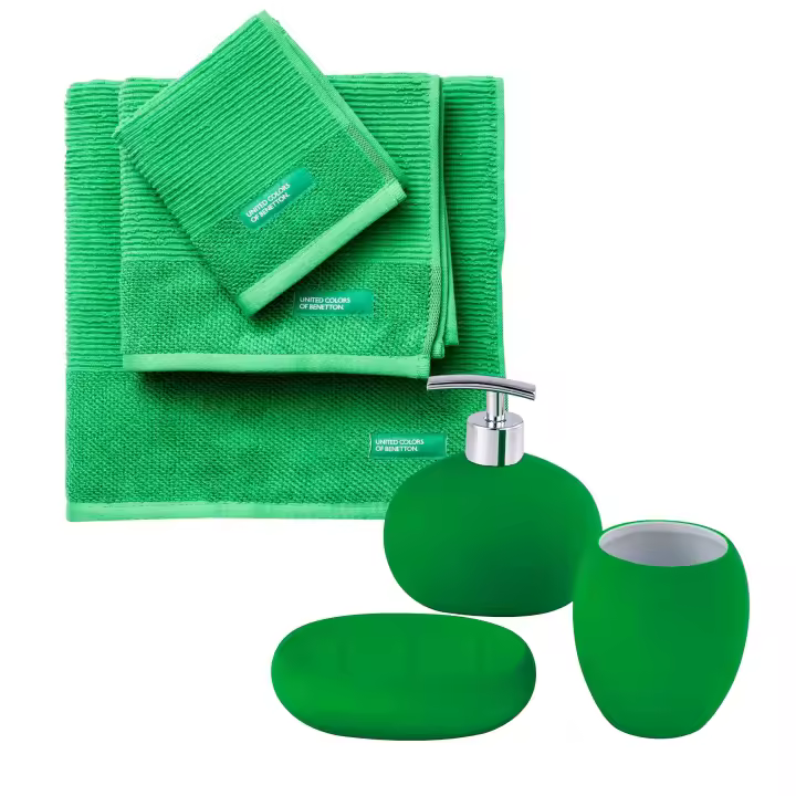 Set de 3 toallas verdes 450GSM 100% algodón + Set 3pc accesorios de baño en cerámica verde. - 1
