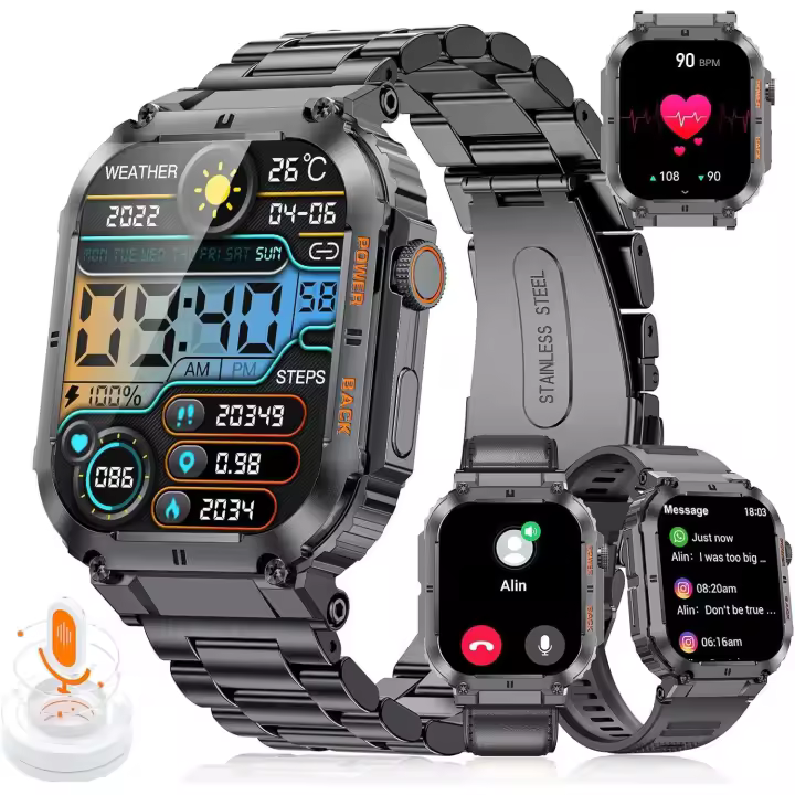 Reloj Inteligente Hombre(3 Correas), 1.96'' HD Smartwatch Hombre con Llamadas Bluetooth, 123 Modos Deportivos, 24/7 Pulsómetro y Sueño, IP68 Impermeable 400mAh Smartwatch Militar para Android iOS - 1