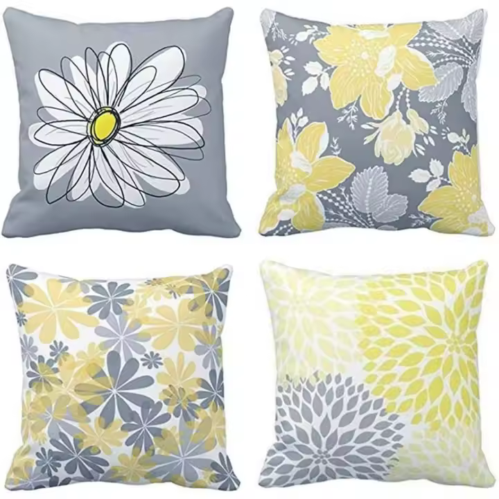 Fundas de cojín Decorativas con Flores grises y Amarillas, Funda De Almohada cuadrada de poliéster Suave (45,7x45,7 cm), Juego de 4 - 1
