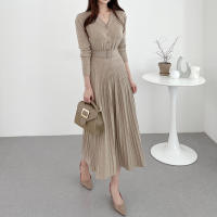 Vestido De Suéter Tejido Para Mujer Estilo Vintage A-Line Cuello V Manga Regular Botones Mid-Calf Talla Suave Otoño Invierno - details 7