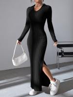 Vestido De Punto Negro Slim Con Cintura Ajustada Y Cuello En V Para Mujer Vestido Largo Casual De Otoño/Invierno - details 1