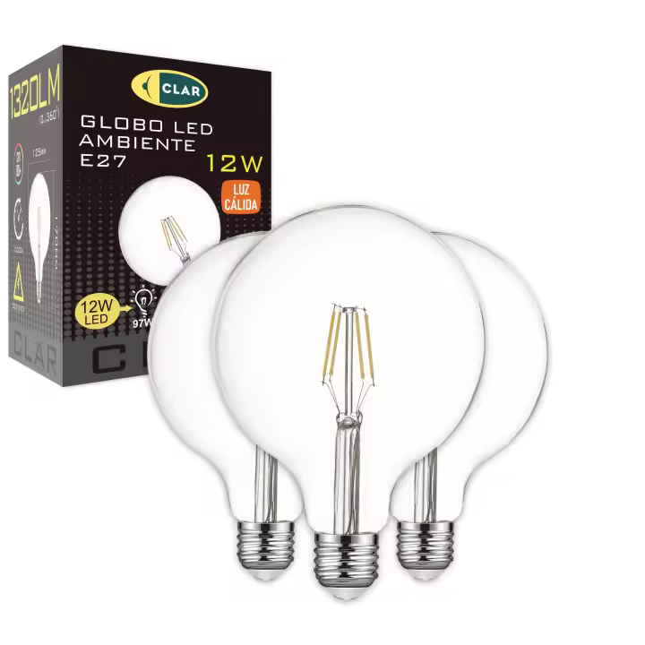 CLAR- Bombilla Globo E27 LED, Bombilla Vintage E27 LED G125 Filamento, Bombilla LED E27 12W Luz Cálida 2700ºK - 1