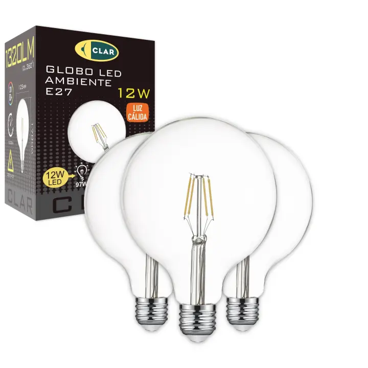 CLAR- Bombilla Globo E27 LED, Bombilla Vintage E27 LED G125 Filamento, Bombilla LED E27 12W Luz Cálida 2700ºK - 1