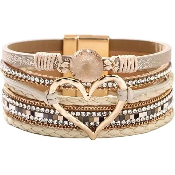 Pulseras envolventes de cuero con forma de corazón para mujer, pulsera con hebilla magnética multicapa trenzada hecha a mano estilo bohemio, brazalete, regalo de cumpleaños - 1