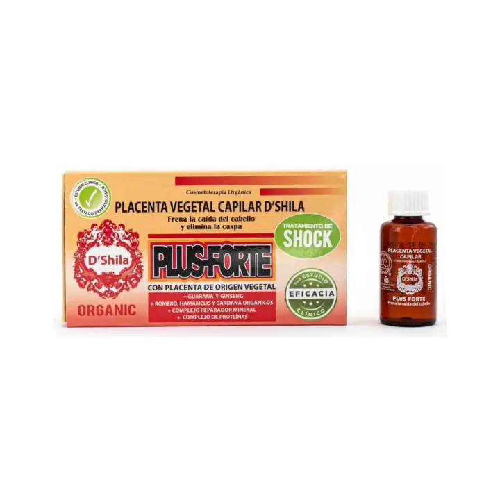 D'SHILA - Placenta Vegetal Capilar Plus Forte 4 Uds x 25 ml, Tratamiento de Shock, Frena la Caída del Cabello y Elimina la Caspa, sin Conservantes, Nueva Fórmula, Orgánico y Testado Dermatológicamente - 1