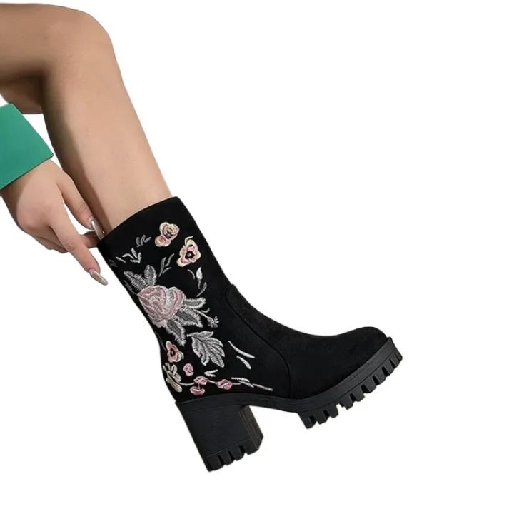 Botas De Tobillo Para Mujer Con Bordado De Flores Y Rhinestone Cuadrado De Moda Invierno Botines Con Cierre De Cremallera Zapatos Retro