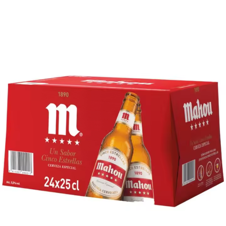 MAHOU 5* 25cl x24 UNIDADES - CAJA MAHOU 5 ESTRELLAS ROJA BOTELLIN - 1
