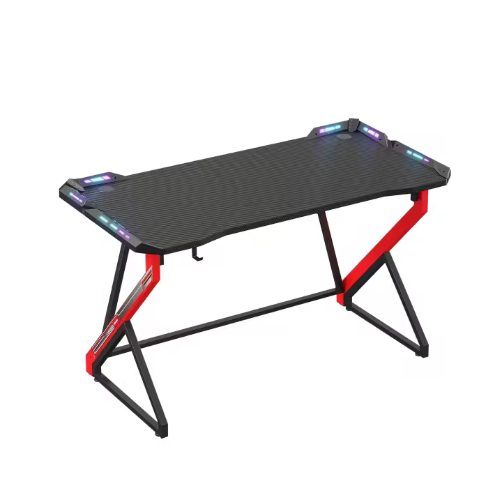 Escritorio Gaming con LED - 100x60cm Mesa de Ordenador Esport Ergonómico, Marco Z Fibra de Carbono Estable Fácil de Montar, Gancho Auriculares para Juegos Estudiar Trabajar - 1