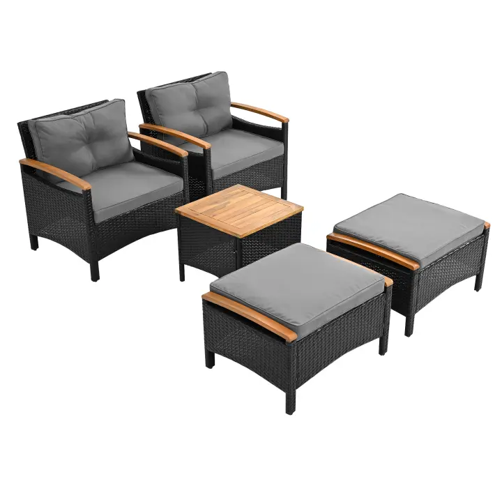 Juego de Balcón en Ratán 5 Piezas | Mesas de Acacia Duradera & Colchones Grises Modernos | Capacidad de Carga 160 kg | Diseño Natural y Resistant Para Balones y Terrazas - 1
