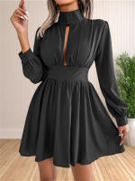 Vestido Mini De Cuello Alto Manga Larga Casual Para Mujer Vestido Swing Con Agujeros Ajuste Regular Polyester Estilo Sexy Y Club - details 13