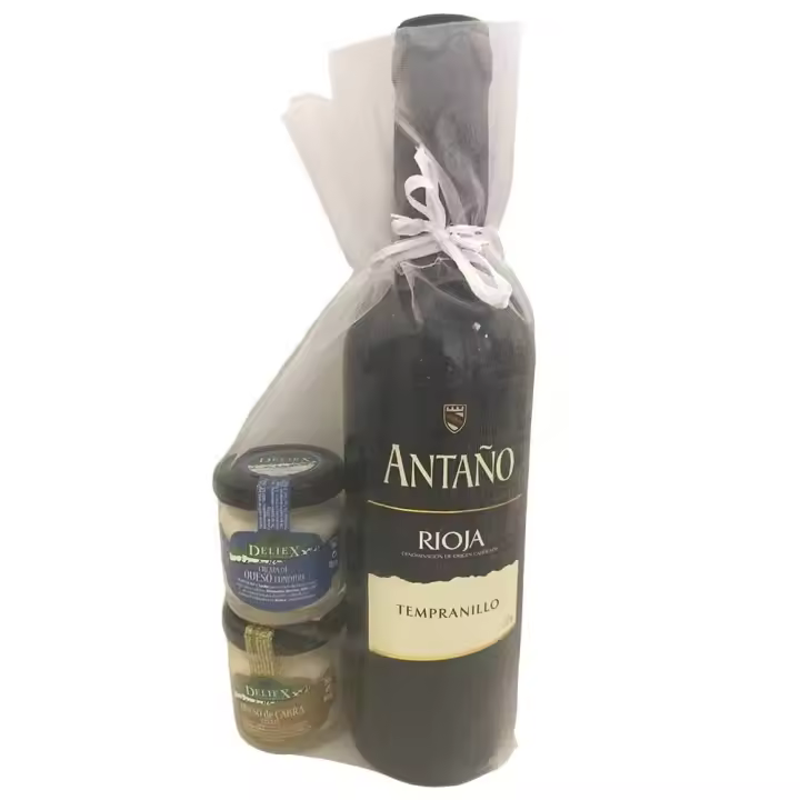 Regalo de vino tinto Antaño Rioja acompañado de dos tarritos de cremas de queso diferentes (Pack 24 ud) - 1