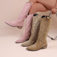 Botas De Vaquero Bordadas Para Mujer Con Punta Puntiaguda Y Tacón Grueso Botas Largas De PU Cuero Falso Botas De Rodilla Alta Para Otoño - details 1