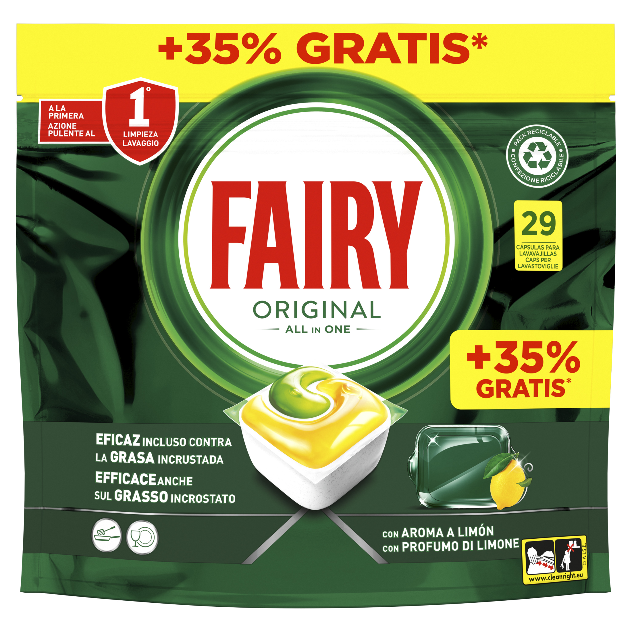 Fairy Original Todo En Uno Cápsulas De Lavavajillas, Limón, 29 Cápsulas, Efectivas Incluso En La Grasa Reseca