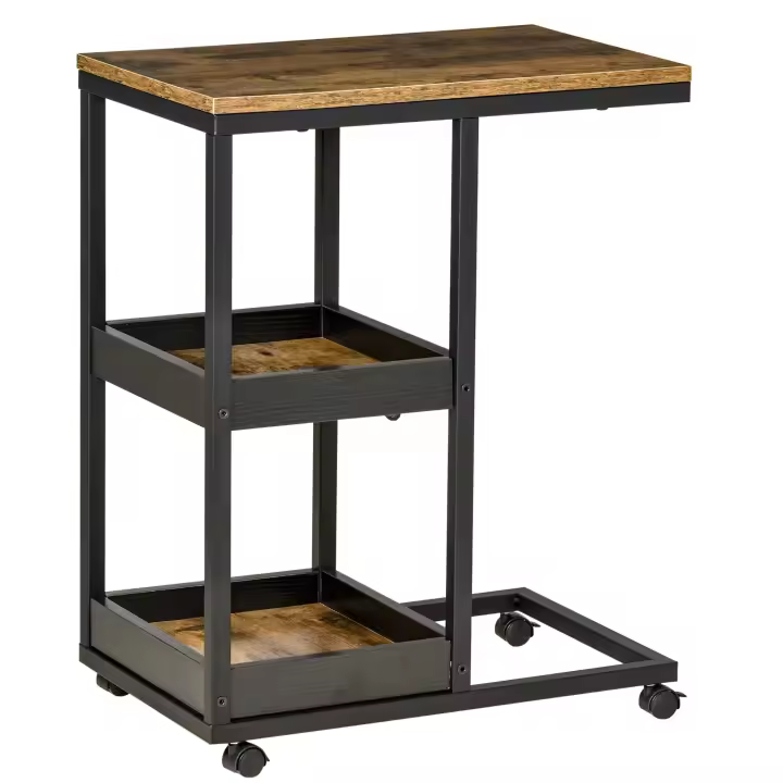 HOMCOM Mesita Auxiliar Industrial Mesa Auxiliar en Forma de C con Ruedas Estantes Abiertos y Marco de Acero para Salón Dormitorio 51x33x66 cm Marrón Oscuro - 1