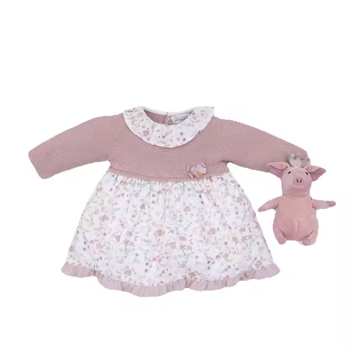 Vestido Pangasa Cuerpo de Punto con Tela en Estampado Floral Rosa Vintage - 1
